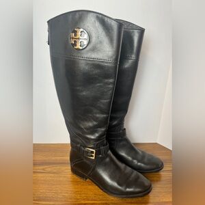 Tory Burch Black Leather Riding Boots with Gold Logo Accents - size 7.5M